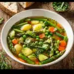 Bowl of colorful Spring Vegetable Soup with fresh ingredients.