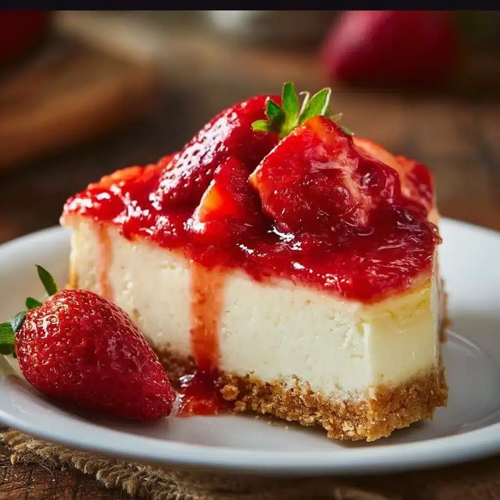 Delicious homemade Strawberry Cheesecake topped with fresh strawberries.