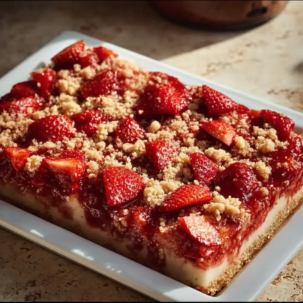 Delicious homemade strawberry cheesecake bars served on a plate.