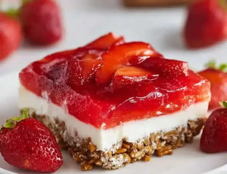 Delicious Strawberry Pretzel Salad in a glass dish garnished with strawberries