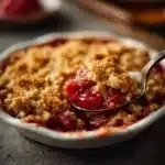 Delicious Strawberry Rhubarb Crisp dessert topped with oats and brown sugar