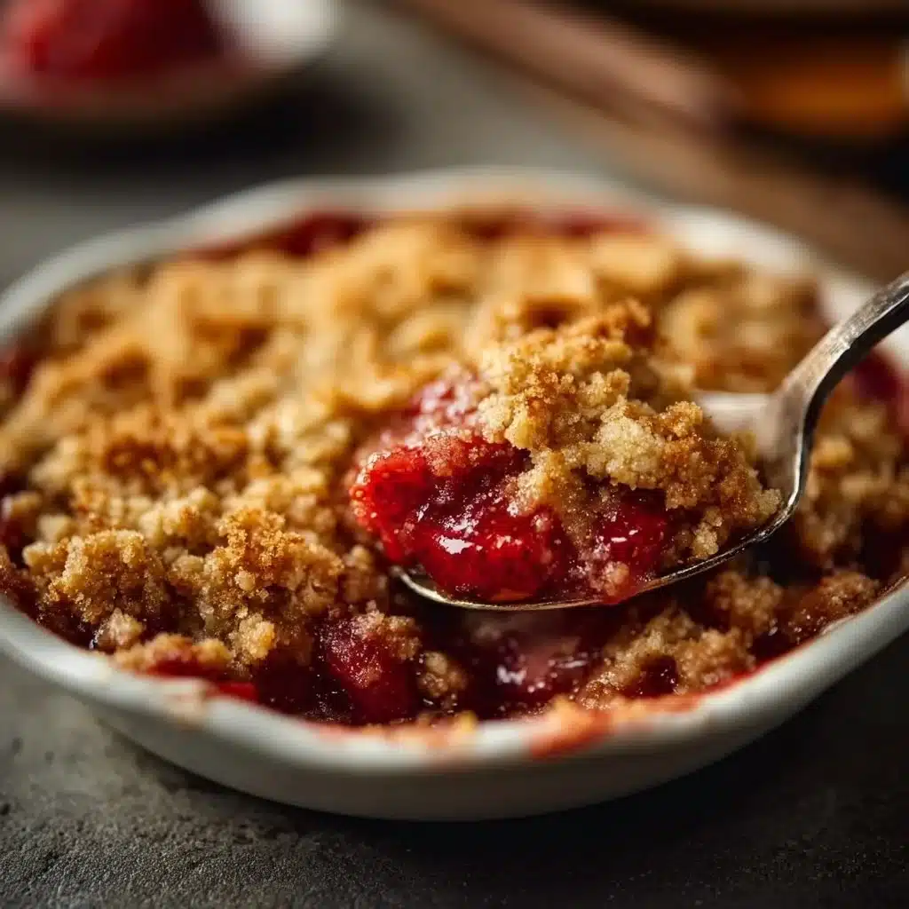 Delicious Strawberry Rhubarb Crisp dessert topped with oats and brown sugar