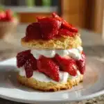 Delicious strawberry shortcake topped with fresh strawberries and whipped cream