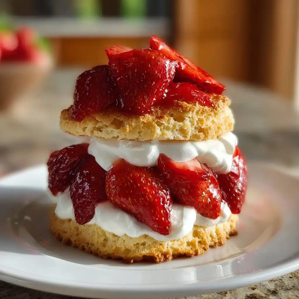 Delicious strawberry shortcake topped with fresh strawberries and whipped cream