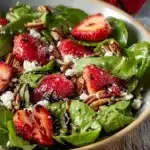 Strawberry spinach salad with homemade balsamic vinaigrette in a bowl.