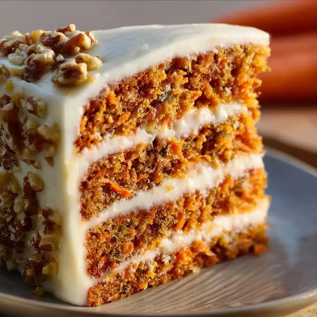 Delicious slice of Ultimate Carrot Cake with cream cheese frosting