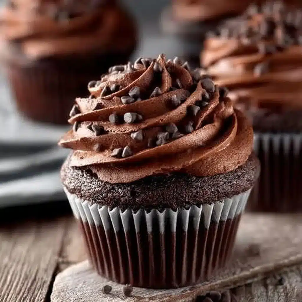 Ultimate double chocolate cupcakes topped with rich chocolate frosting