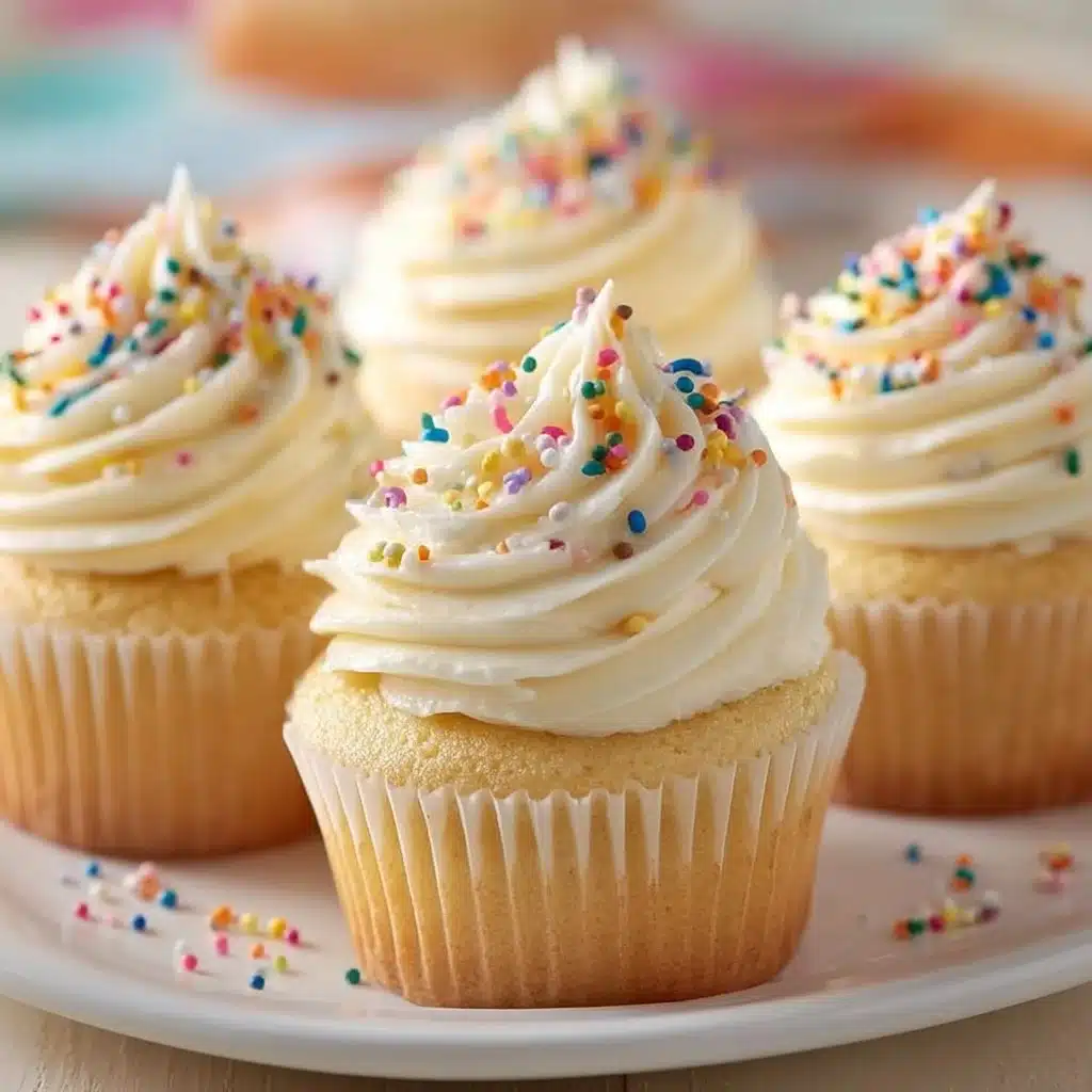 Fluffy vanilla cupcakes decorated with frosting and sprinkles.