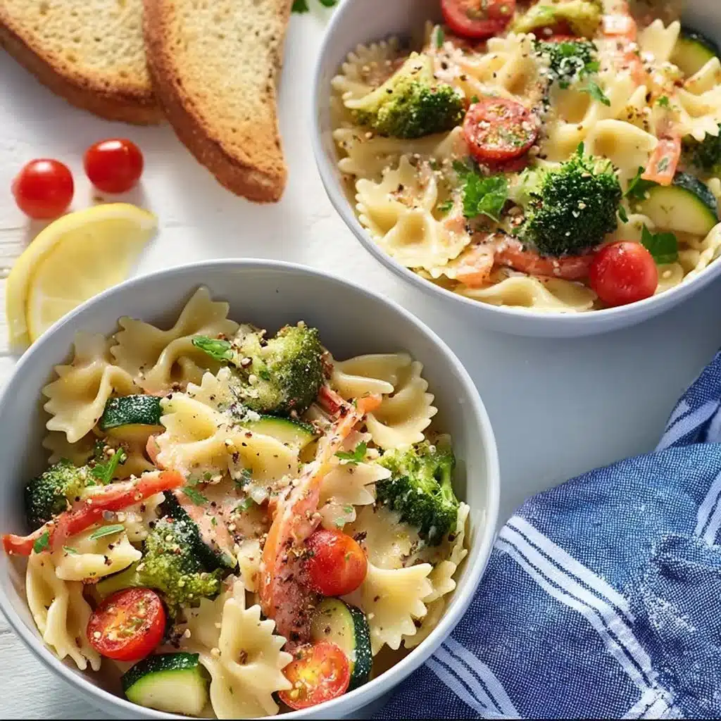 Colorful Vegan Pasta Primavera with fresh vegetables in a bowl
