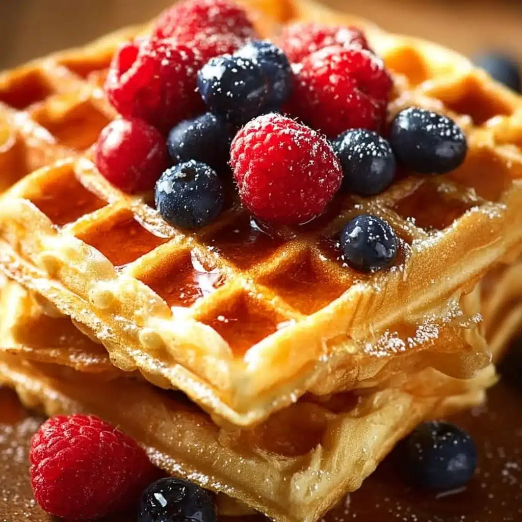 Golden, fluffy homemade waffles topped with fresh berries and syrup.