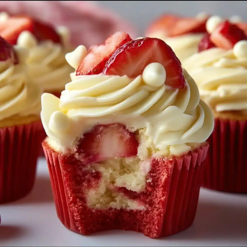 White chocolate strawberry cheesecake cupcakes topped with fresh strawberries