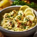 Bowl of zesty lemon chicken orzo with herbs and spices, perfect for dinner.