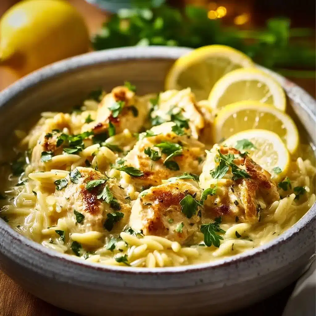 Bowl of zesty lemon chicken orzo with herbs and spices, perfect for dinner.