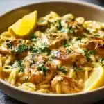 Delicious lemon chicken orzo served in a bowl, garnished with herbs