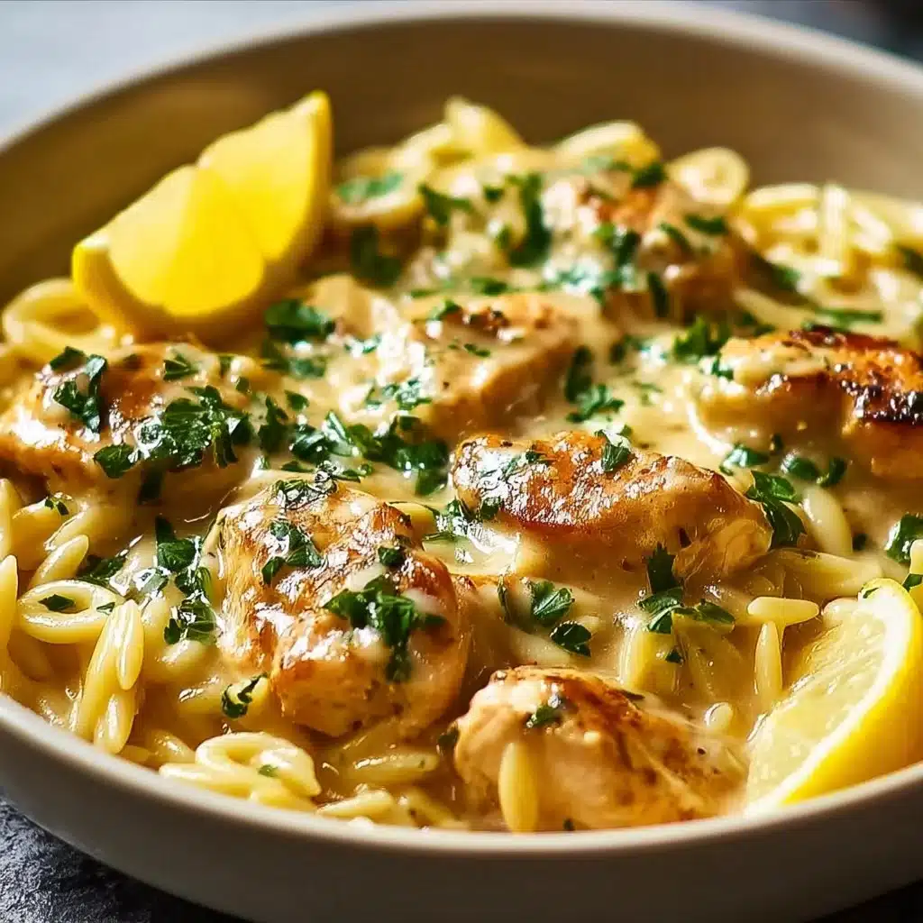 Delicious lemon chicken orzo served in a bowl, garnished with herbs